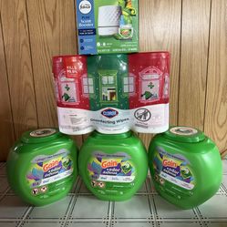 Gain detergent, Clorax wipes, Febreze air