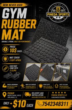 Gym Rubber Mat Price is 10$ per Each Mat  Mat cover 3 Sqft Aprox Each Mat come with 2 Clips  Dimensión in Pictures NEWS