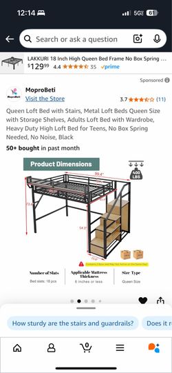 Queen Loft Bed Frame with Stairs, Storage Shelves & Wardrobe – Heavy Duty Metal, Black