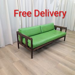 Vintage MCM Naugahyde and Walnut Wood Sofa Couch Free Delivery