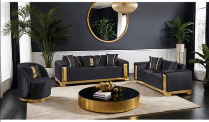 Sofa and Loveseat Black fabric, Gold metal trim accents. New Especial price