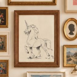 Vintage  Framed Original Unicorn Ink Drawing Sketch Art, Signed N.H. Wall Hanging Artwork Collectible Mid Century Era 