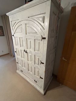 Large Distressed White Wood Armoire