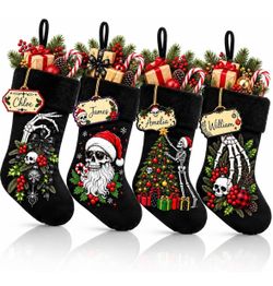 4 Pcs Black Gothic Christmas Stocking Set,18In Large, with Wooden Name Tags Horror-Themed , Plush Cuff, Christmas Tree Fireplace Hanging Decor, Family