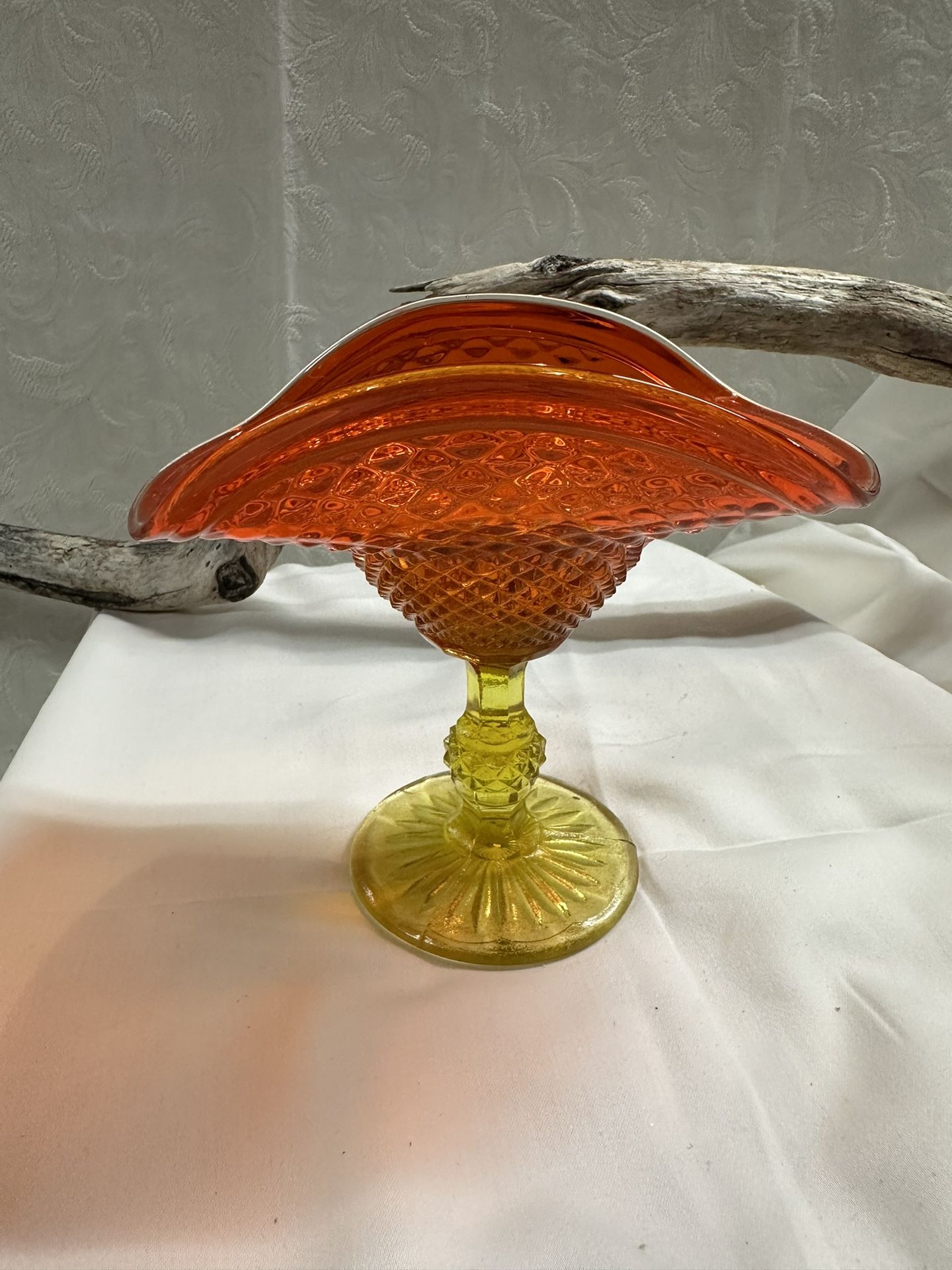 Vintage Amberina Glass Footed Compote Candy Dish Red to Yellow Ombre Diamond Point Jeanette Retro Glassware