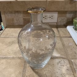 Vintage Glass Vase Gold Etched Flowers And Leaves Collectible
