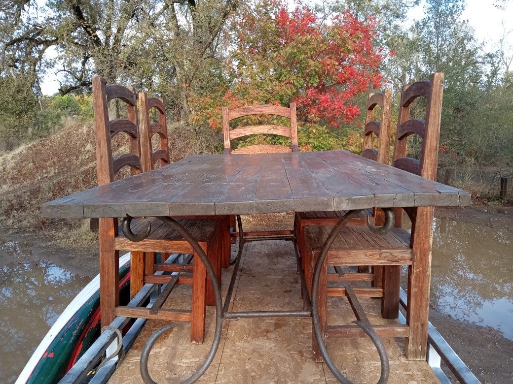Mesquite and Wrought Iron Dining Room Table And Chairs