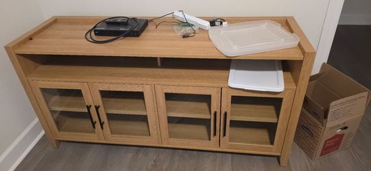 Light Oak TV Stand with Glass Door Cabinets