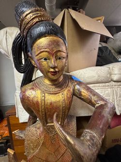 (2) 51” Vintage Hand-Carved Thai/Burmese Gilt Wood Temple Figure – Southeast Asian Celestial Dancer Statue