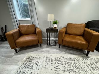 Set of Tan Leather Mid-Century Accent Chairs, Ashley Furniture