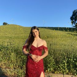 Ladivine Prom Dress , Size M Or Size 6-8 , Red Embellished Off The Shoulder Corset Maxi Prom Dress