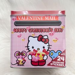 Sanrio Hello Kitty Pink Valentines Tin Tall Mail Box with Sticker 7” X 6” (NEW)