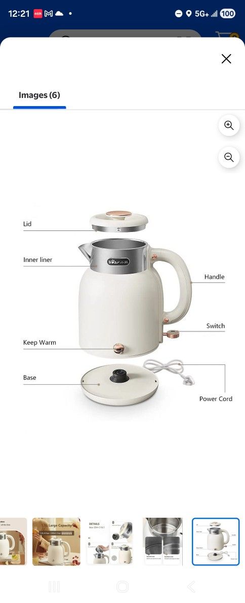 ZDH-C15C1 Electric Kettle for Coffee & Tea, Stainless Steel Hot Water Boiler with Keep Warm Function, Auto Shut-Off, BPA Free, 1.5l, White