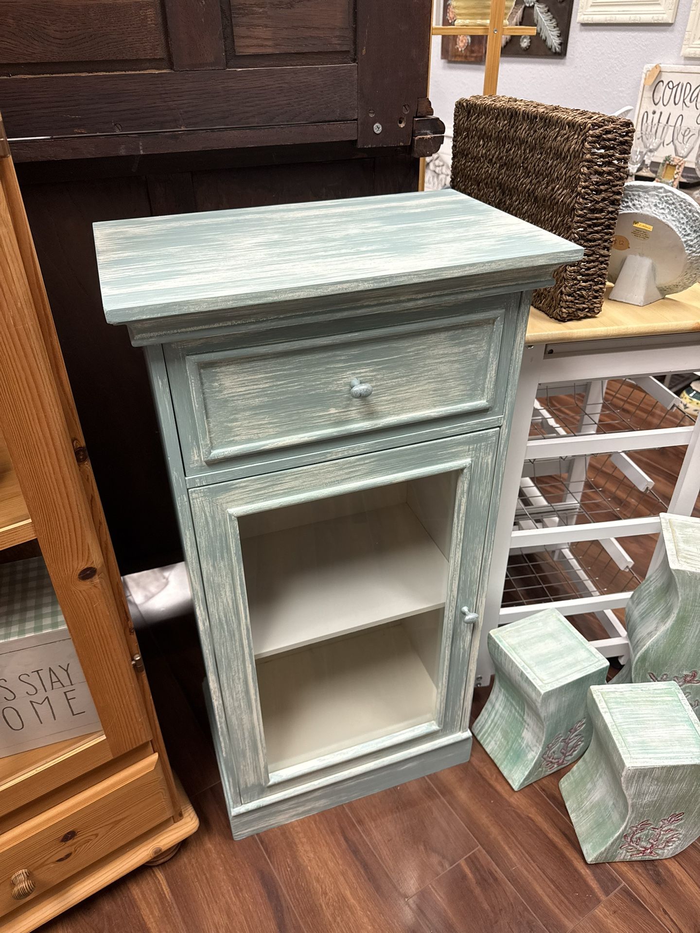 White & Blue Coastal Farmhouse Accent Cabinet with Drawer & Glass Door - Perfect for a Bathroom