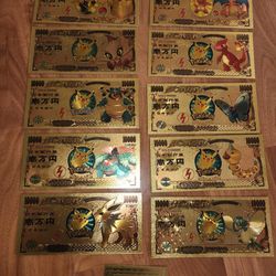 10 Pokemon 24kt Gold Paper Bank Notes 