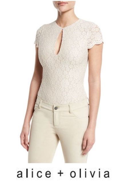 Alice + Olivia Marita Floral Lace Cap Sleeve Bodysuit in Champagne Size M