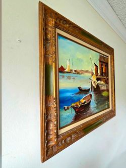 Jones Signed Harbor Scene Small Boats Oil Painting Art