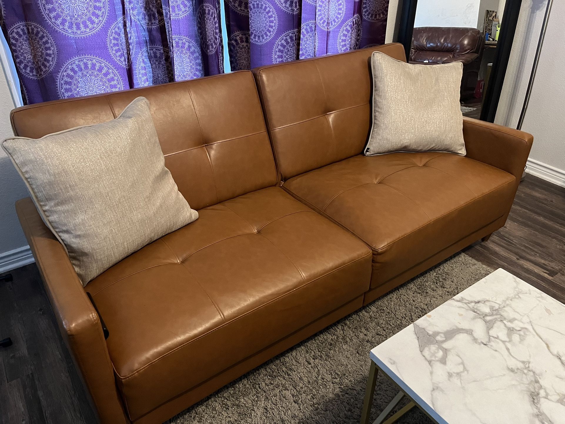 Atwater Living Adam Coil Futon, Camel Faux Leather