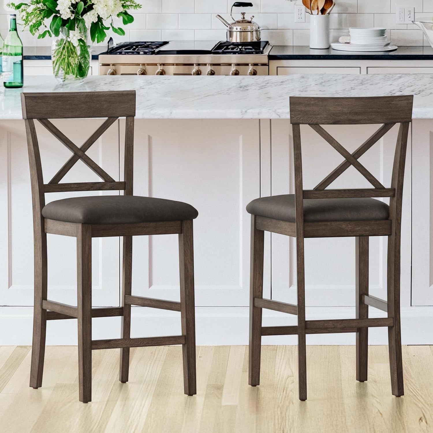 26" Wood Bar Stools Set of 2, Counter Height Bar Stools with Classical X-Shaped Back, Solid Barstools with Rubber Wood Frames and Faux Leather Seat, R