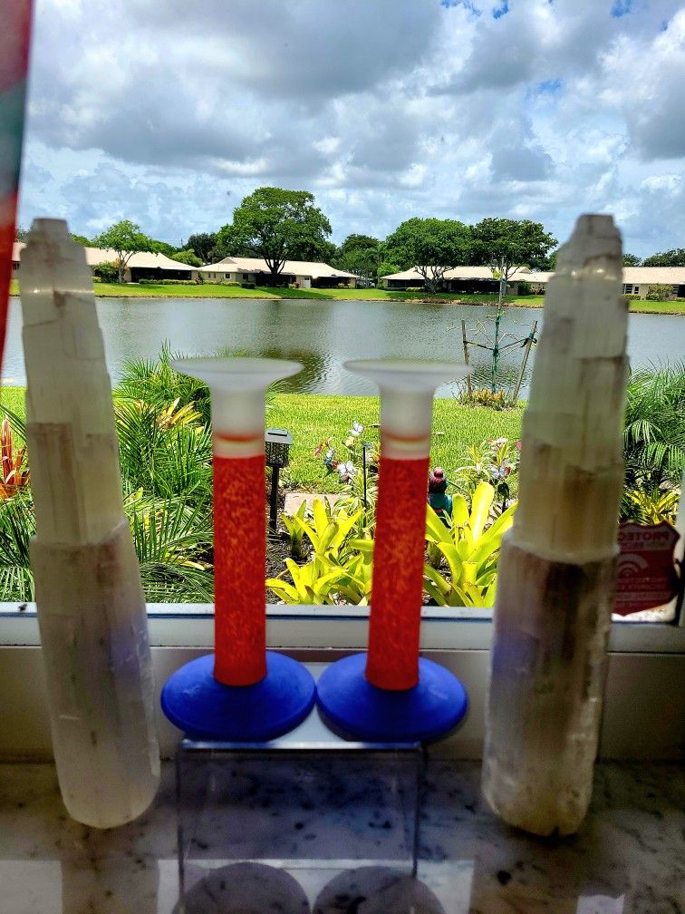 Pair Kosta Boda Glass Candlesticks Orange Clear Navy Blue 8"