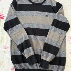 Element Black Gray Beige Striped Knit Crew Neck Sweater M Pullover