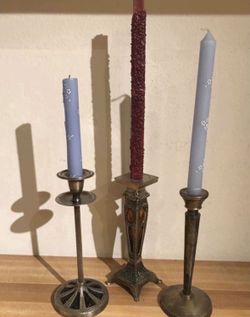 3 Ornate Silver Plated Candlesticks Candleholders Candle Holders Pottery Barn Amber Black Glass 