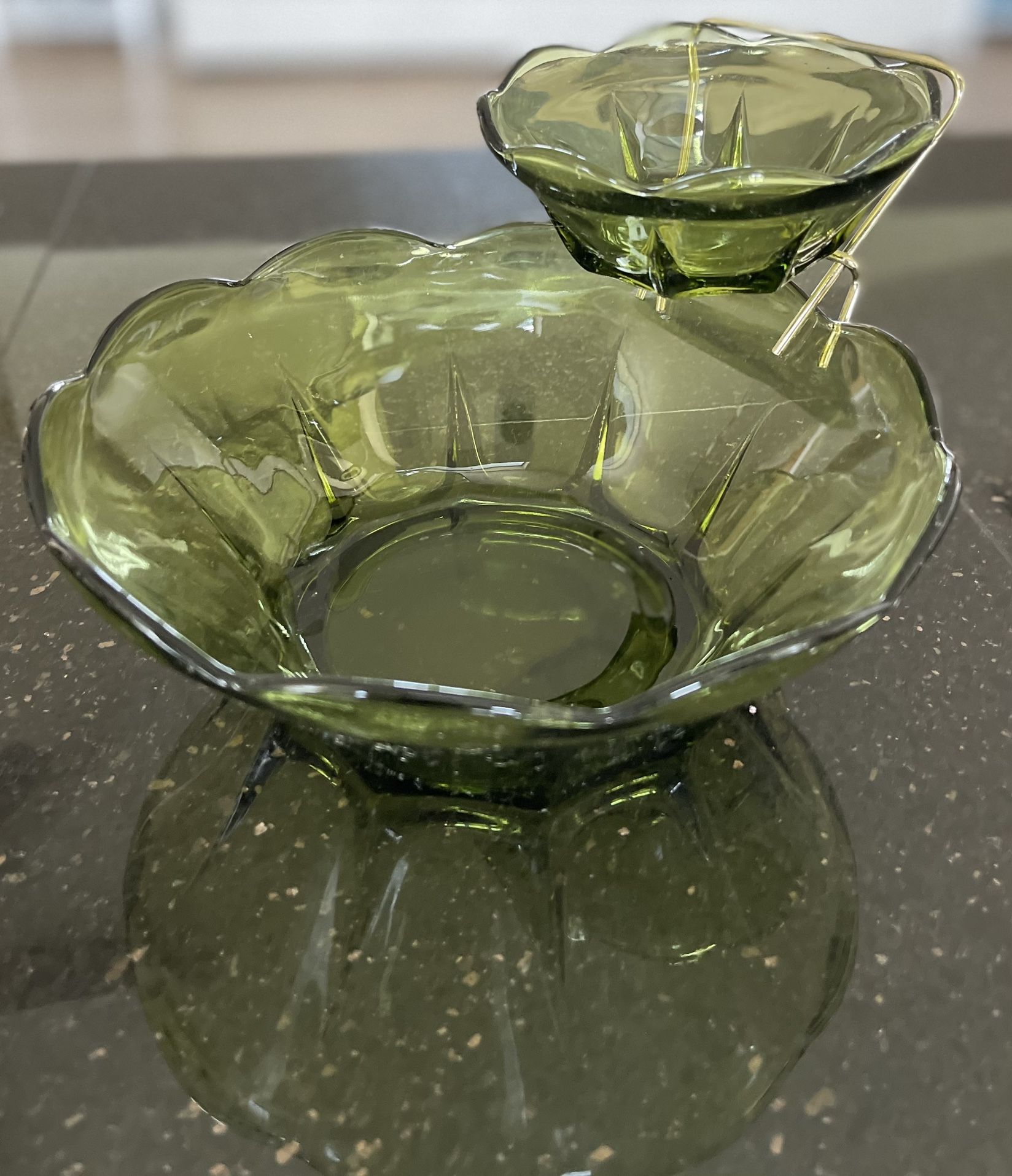 Vintage Anchor Hocking MCM Swedish Modern 3 pc Chip & Dip Set Avocado Green