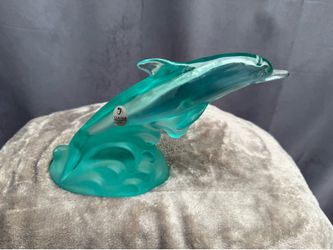 Vintage Fenton Art Glass Dolphin On Frosted Wave Turquoise Aqua Blue 9” Figurine