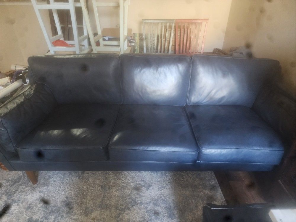 Blue Genuine Leather Couch