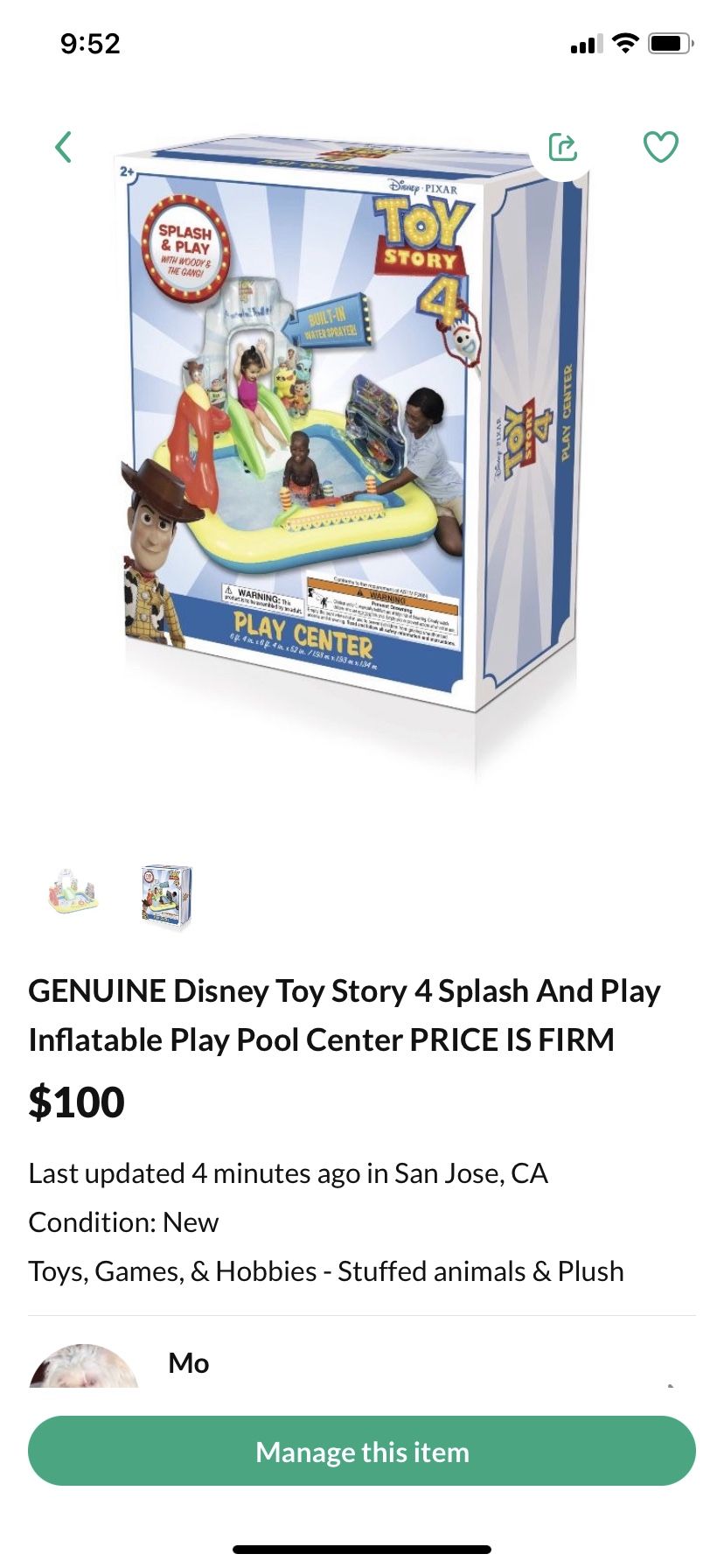GENUINE Disney Toy Story 4 Splash And Play Inflatable Play Pool Center PRICE IS FIRM