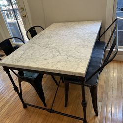 Crate and Barrel - French Kitchen Table, Marble Top + Two Chairs and Dining Bench