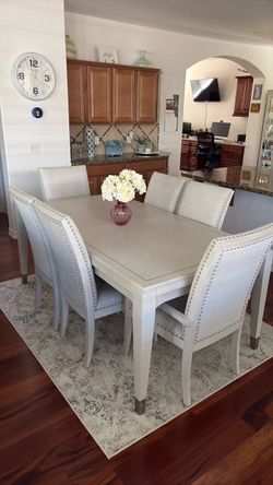 Elegant Dining Table, 2 Leaves & 6 Upholstered Chairs