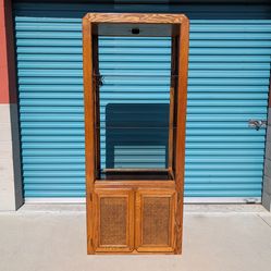 Vintage Oak Display Cabinet / Curio Cabinet with Glass Shelves & Cane Doors, c.1980s