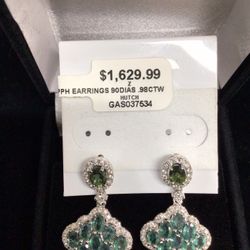 Synthetic Green Sapphire  And  Natural Diamond Gold Earrings  4.9 DWT 