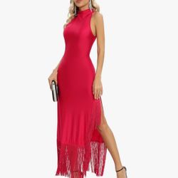 Aigeman Women's Vintage 1920s Great Gatsby Style Fringe Dress Tassel Hem High Slit Formal Dress