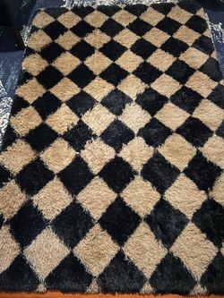 4x6 Fluffy Area Rug Checkered Black Beige