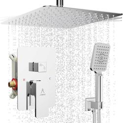 Rain Shower System Ceiling Mount Modern12 IN Bathroom Faucet Set Brass High Pressure With Head Handheld Spray Set Included Shower Valve and Trim Kit (