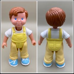 Vintage Fisher Price Loving Family Dream Dollhouse Brunette Boy Doll Figure in Yellow Overalls HTF
