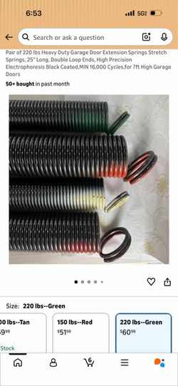 Pair of 220 lbs Heavy Duty Garage Door Extension Springs Stretch Springs, 25” Long, Double Loop Ends, High Precision Electrophoresis Black Coated,MIN 