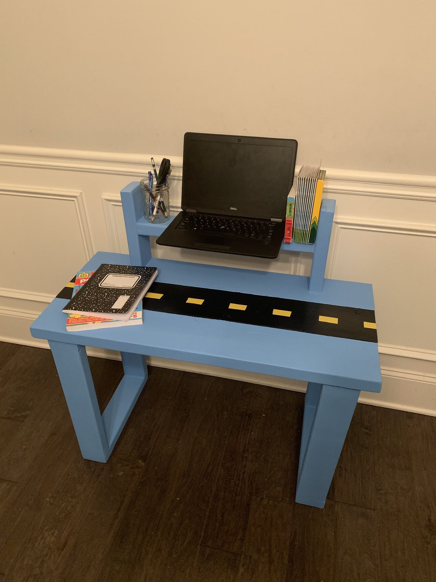 Solid wood Farmhouse style kid / child desk / table and chair set - Blue and Black Race car theme