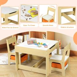 3 in 1 Toddler Wood Table & 2 Chairs Set, Activity Table for Toddlers, Natural