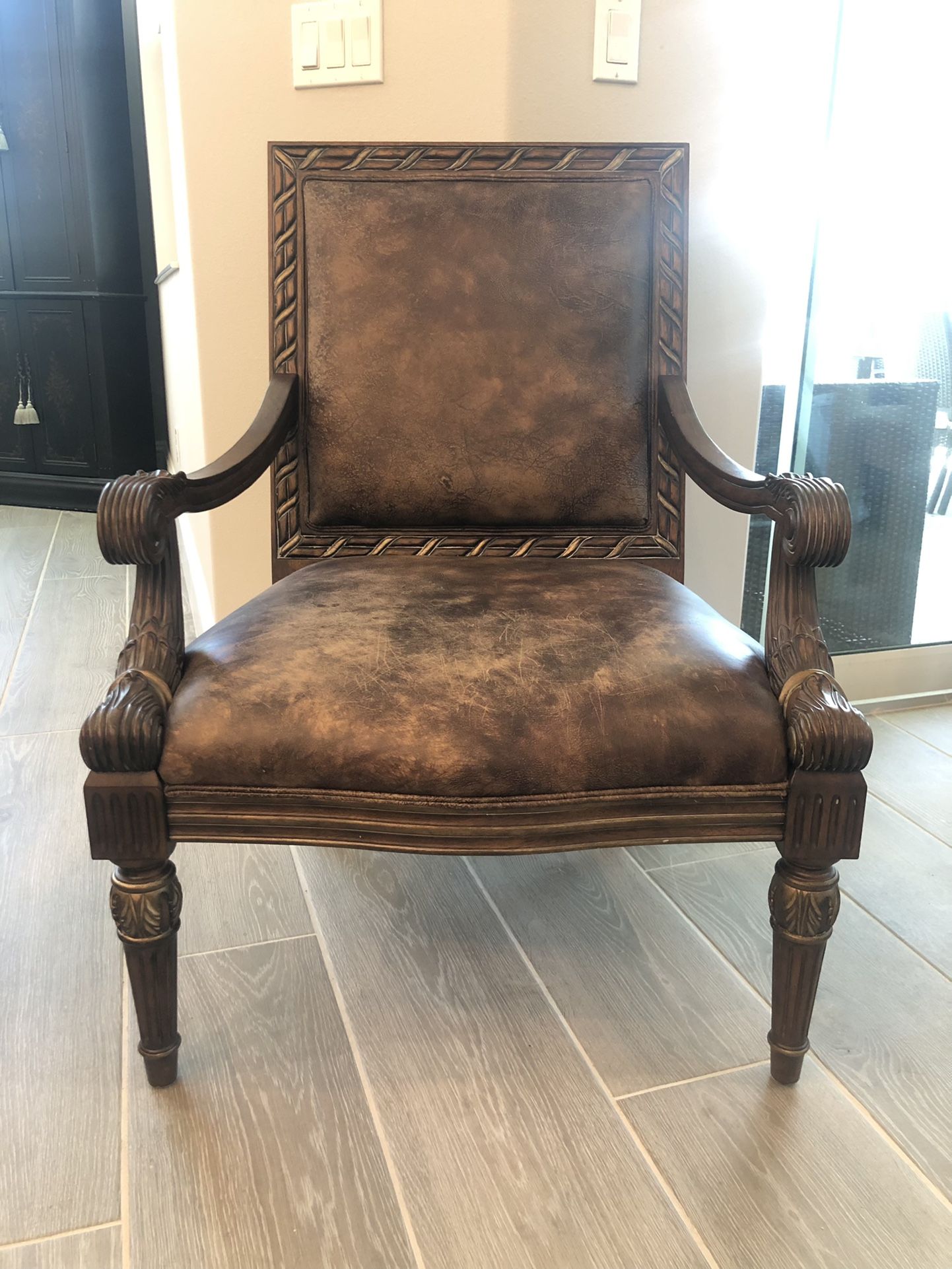 Large, Hand carved Solid Wood /Leather Accent Lounge Chair