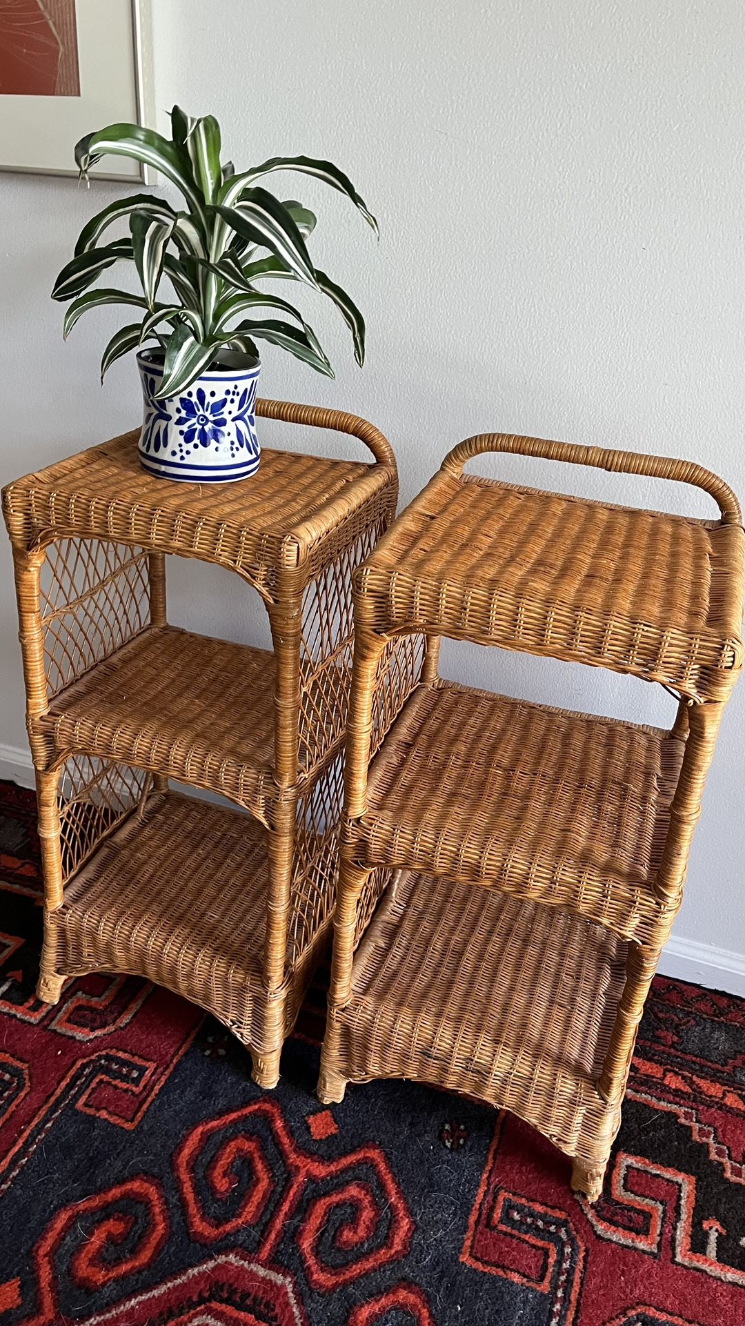 Pair Vintage End Tables / Nightstands Wicker Rattan BOHO