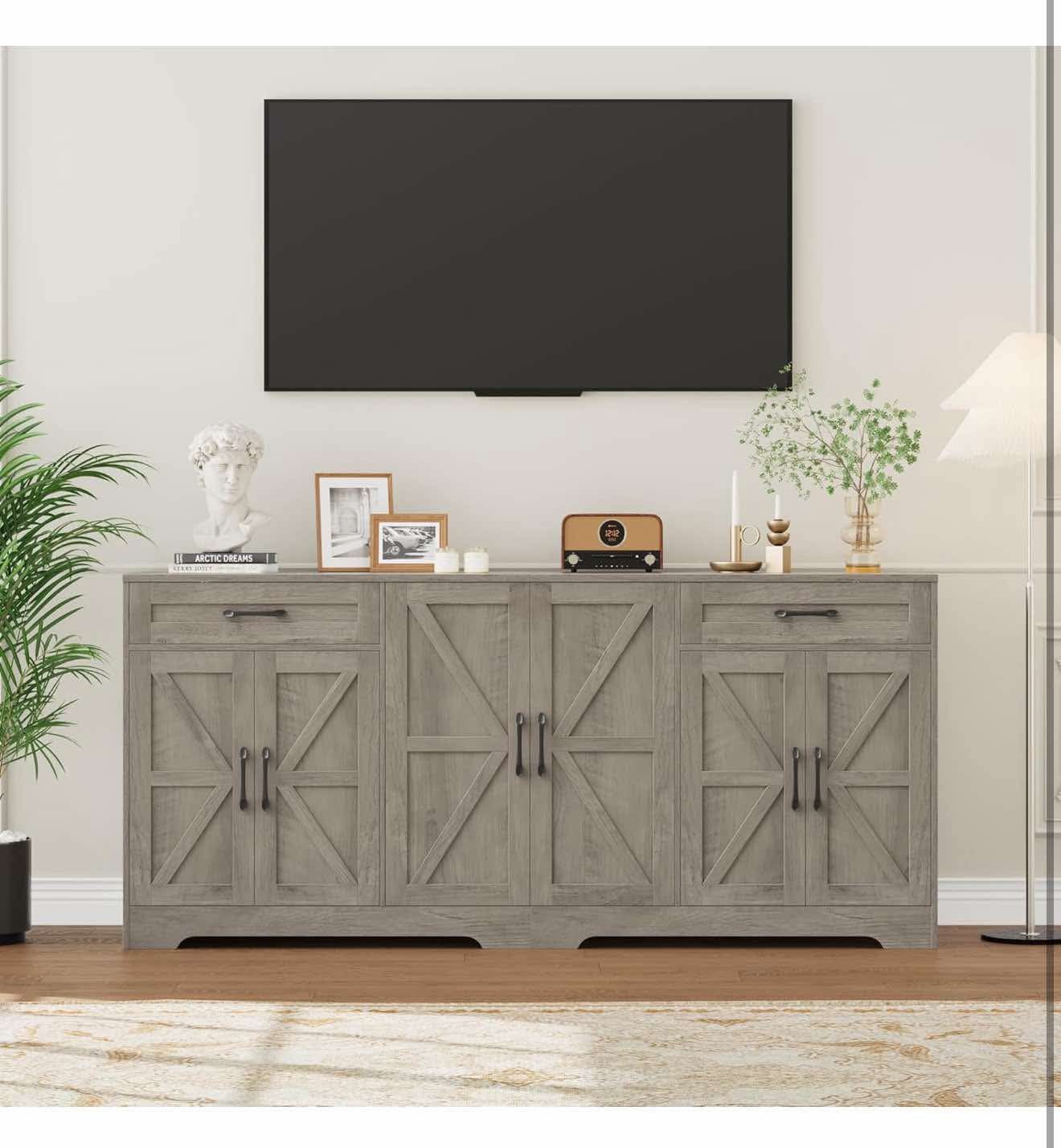 71” Large Sideboard Buffet Cabinet with Storage, Farmhouse  Ash Grey R-14
