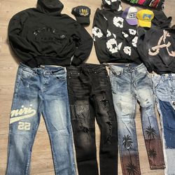 Amiri Pants Size 34 $120 Each  Sp5der Hoodie Size M $120  Sp5der Joggers Size M $120  Essentials Hoodie Size S $50  Denim Tears Hoodie Size M $80  Hel