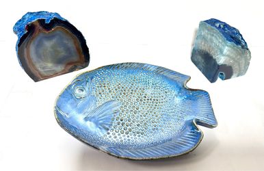 Blue Agate Stone Book Ends & fish ornament