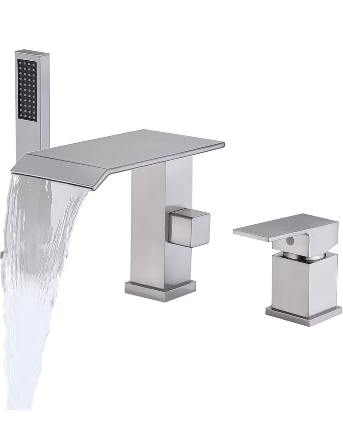 Roman Tub Faucet with Handheld Shower Waterfall Bathtub Faucet 3 Hole Widespread Tub Filler Deck Mount Brushed Nickel