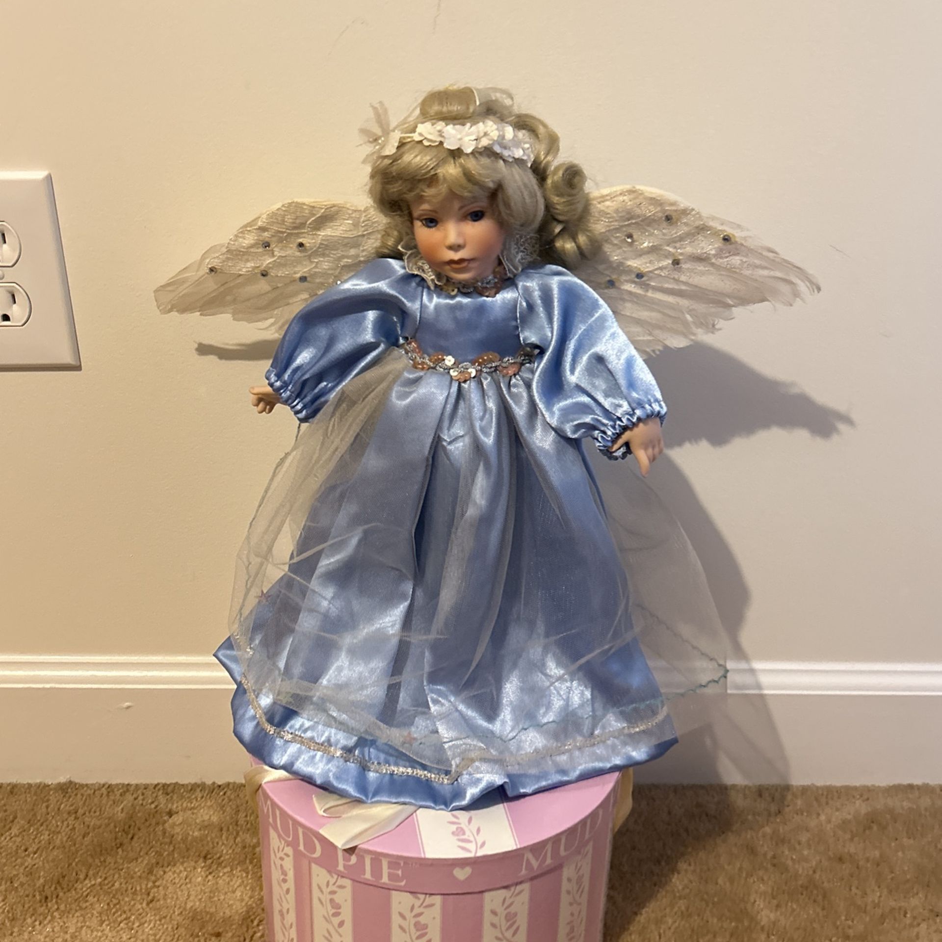 Gorgeous! Angel Porcelain Doll In Blue Satin Dress With Pretty White Angel Wings