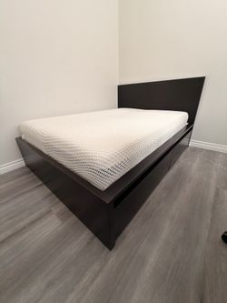 Full Bed Frame, Black Wood w/ Drawers (IKEA)