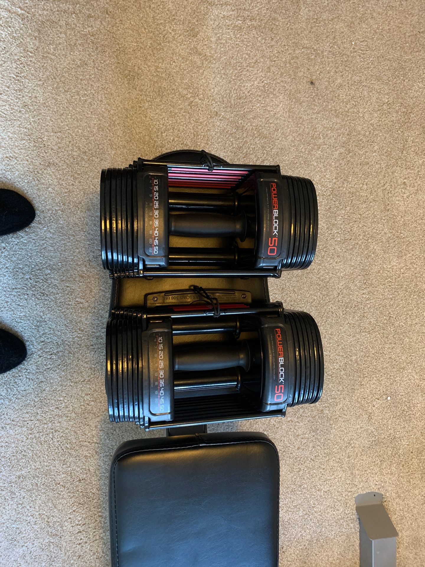 Powerblock 50lb adjustable dumbbells.